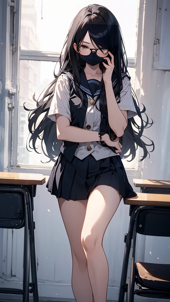 summer、empty classroom、thick、Sweat、、high school girl、Low length、(((((Eyes hidden by long bangs)))))、(((Long black hair:1.2 hair band)))(((Black-rimmed glasses:1.2 black eye)))、Backlight、evening、Nostalgic atmosphere、Look at this、High position、Full Body Shot、glamorous、Checked mini skirt、Navy knit vest、loafers、Skirt flip、Showing sexy panties、(Flip up your skirt with both hands)、avert your eyes、Plump thighs、Thin pubic hair、(((Front view))), Beautiful details, 16K, Absurd, masterpiece, Very detailed, beautiful girl,