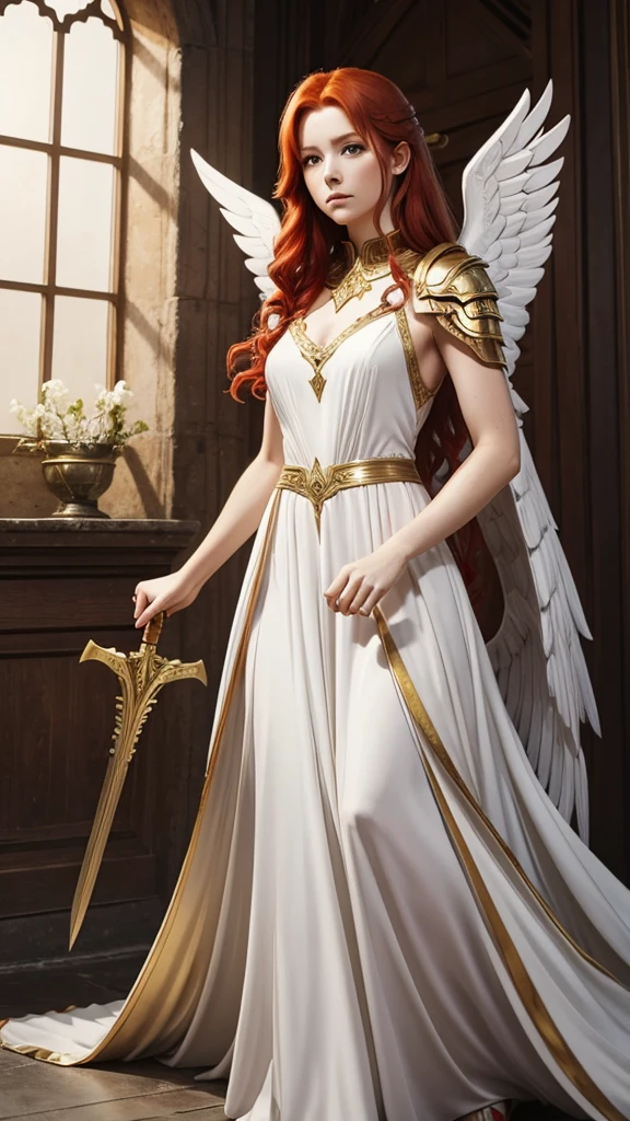 Beautiful red-haired warrior with archangel wings and a white dress with gold down to her ankles