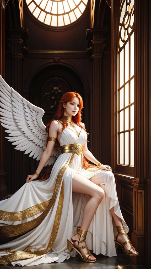 Beautiful red-haired warrior with archangel wings and a white dress with gold down to her ankles 