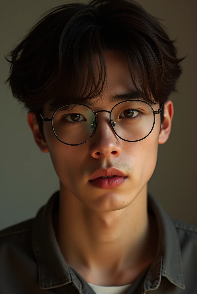 a brown haired man, 3, short hair, light colored eyes, wearing glasses with marks on his nose, portrait, detailed face, highly detailed, photorealistic, 8k, realistic, cinematic lighting, dramatic lighting, cinematic, moody, atmospheric, warm color palette