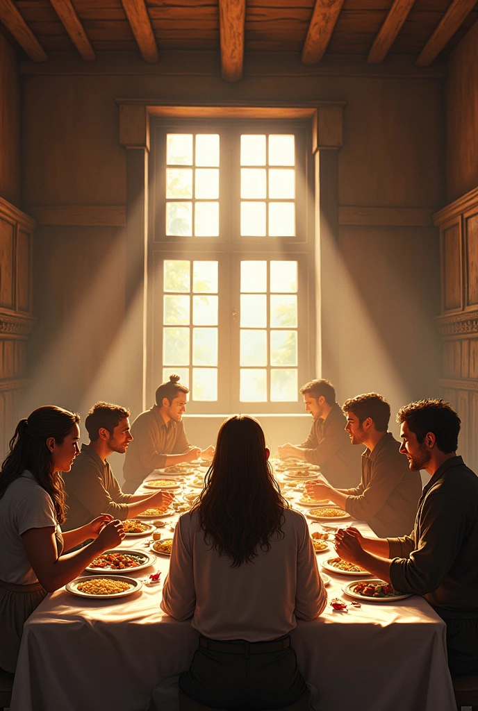 a man with long hair is sitting in the middle of a long table with a Lot of food. around him are six people in the right and six people in the left that are talking and laughing. the one of the middle are calm with his hands extended in the table. the scene is situated in a old house with Big Windows and wood roof and walls.