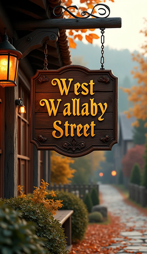 a rustic wooden sign with gold lettering that says "West Wallaby Street", hanging outside a cozy inn pub, medieval landscape, autumn foliage, warm lighting, atmospheric, cinematic, highly detailed, 8k, photorealistic