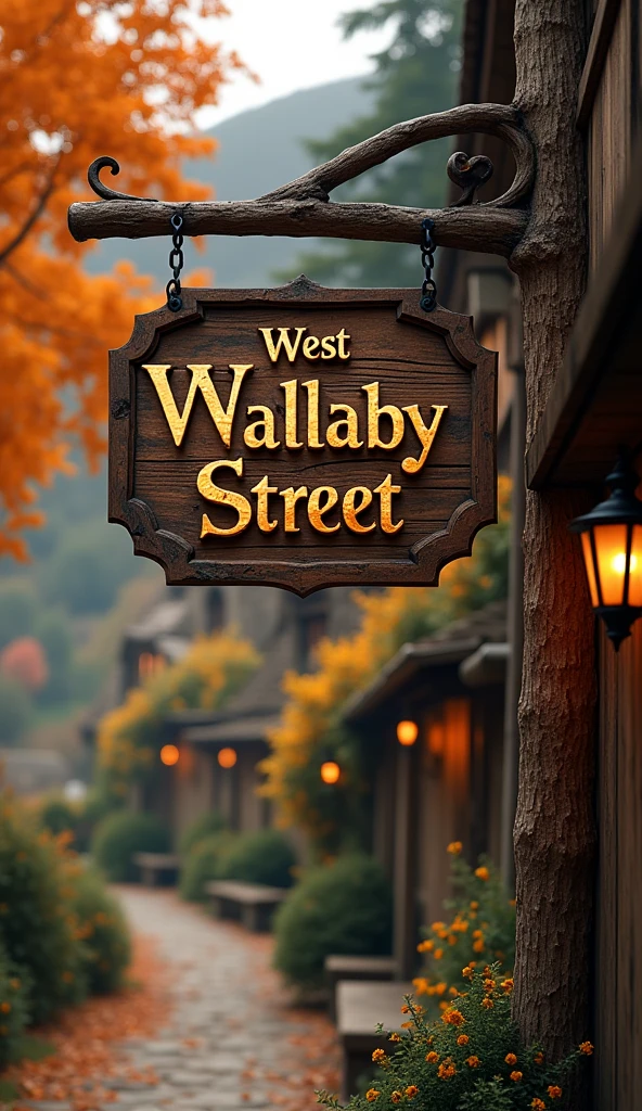 a rustic wooden sign with gold lettering that says "West Wallaby Street", hanging outside a cozy inn pub, medieval landscape, autumn foliage, warm lighting, atmospheric, cinematic, highly detailed, 8k, photorealistic