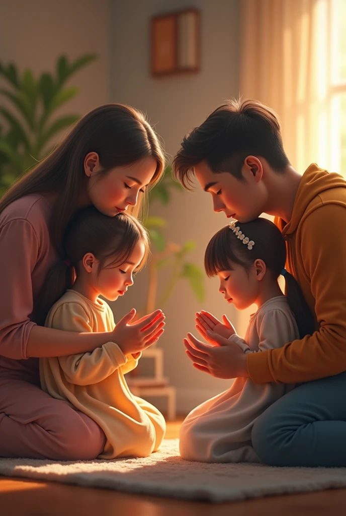 I want a beautiful image of a family, father, wife and 2 daughters, one  and the other seven years old, on their knees praying at home.
