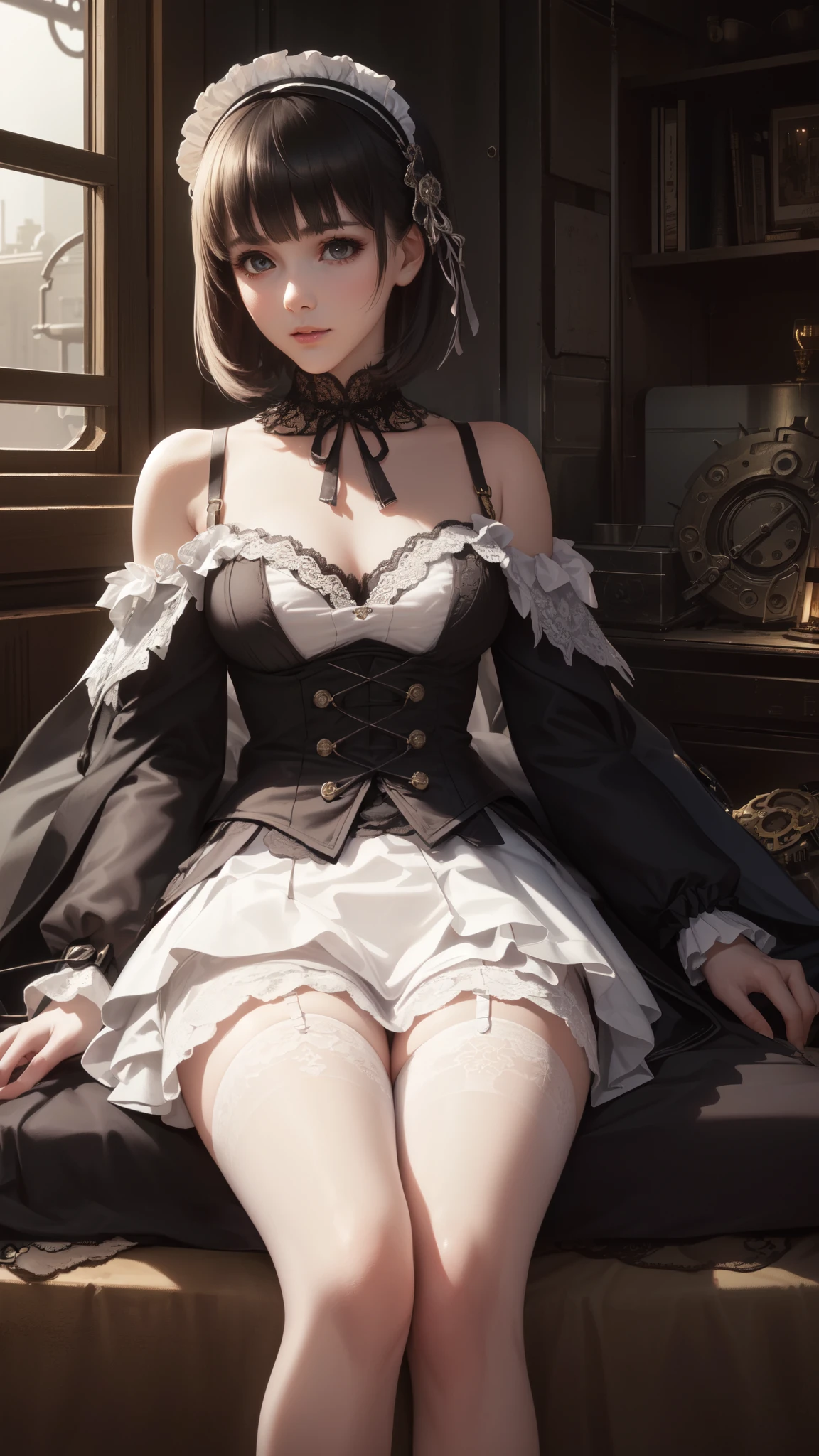 (((Masterpiece, top quality, super detailed))), One female, (((Very Slender body))) , (((Long, thin legs))), (((short black bob, thick puffy bangs ))), (((very detailed face))), cosmetics-free, small thin nose, small thin-lipped mouth, (((very sharp focused eyes))), large slit precision pale grey eyes, sparkling like jewels, Long eyelashes, ((Very decorative intricate mechanical steampunk fashion, Lace Flared mini skirt, Lace stockings above the knee, Lace Off-shoulder ta fashion, Overly decorative fashion)), The night an abandoned, intricately mechanized steampunk factory burns and explodes, (((overall accuracy has improved dramatically, creating a super detailed and realistic image))), Super realistic photo.