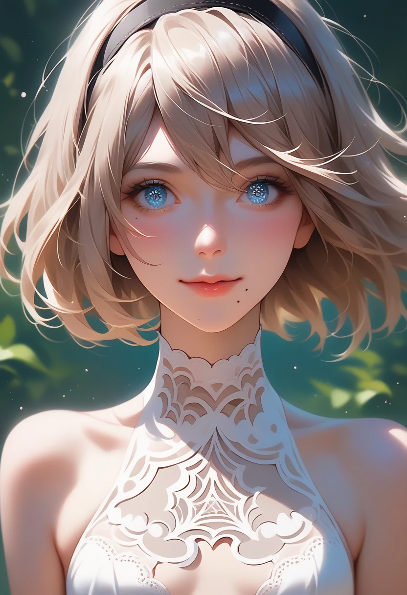 score_9, score_8_up, score_7_up, score_6_up, score_5_up, score_4_up, source_anime, uncensored, rating_questionable, {erotic face,looking away,enchanting smile}, BREAK,{solo, (2B of Nier Automa:1.4)), (slender body,small breasts),(lightbrown_lightwhite colored hair:1.4, short cut hair), (medium mouth:1.2),(narrow and sharp eyes:1.4,blue-glay eyes,sparkling eyes:1.1),(black hairband:1.4),BREAK (1 mole under the mouth:1.4)},{(cleavage between breasts:1.2)}