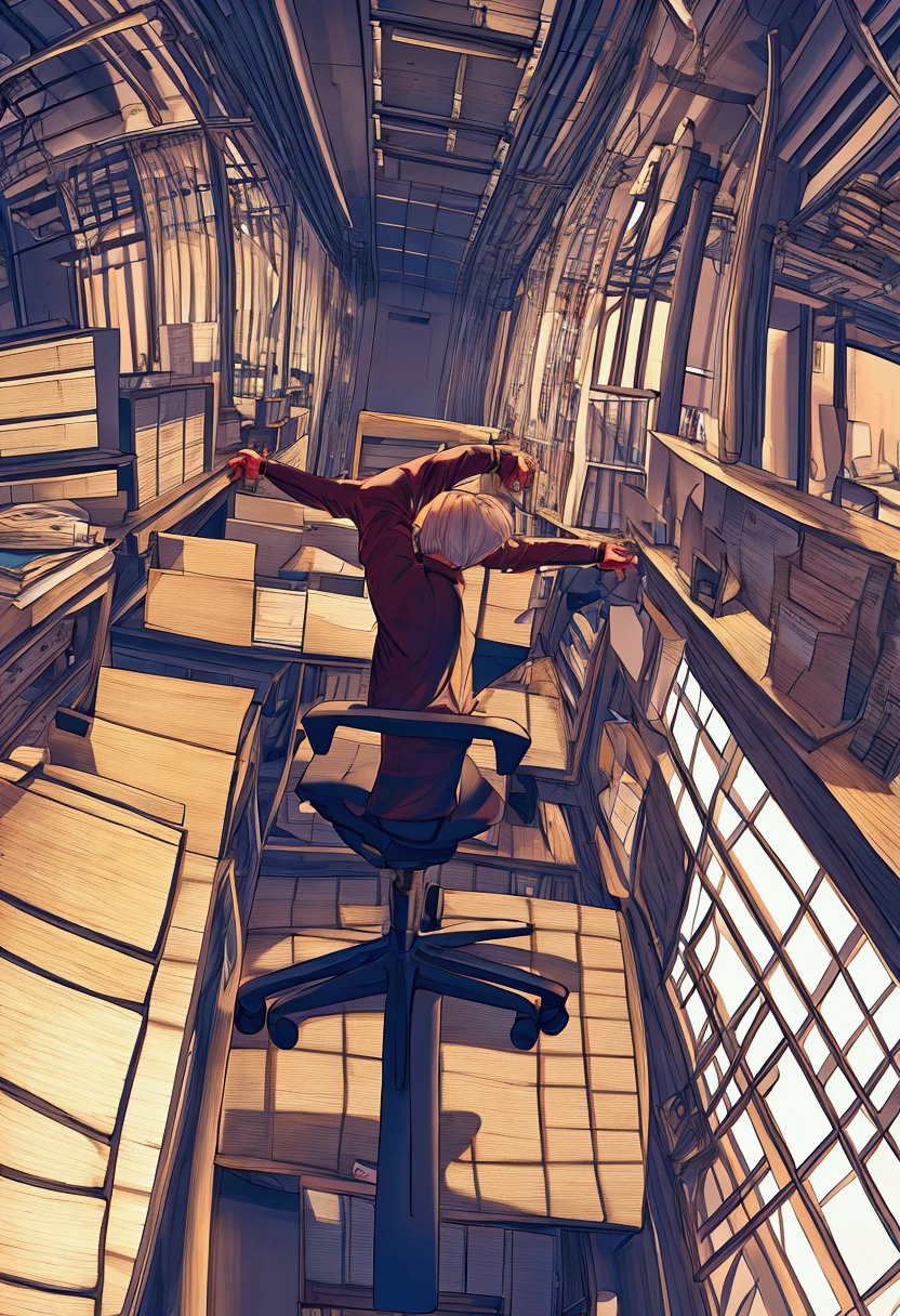 person in office stretching arms