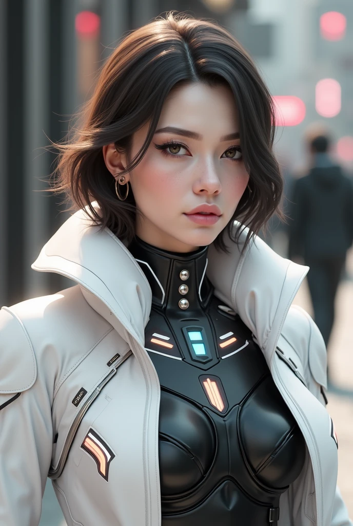 a woman in a futuristic suit with a glowing head and chest, cyberpunk art inspired by Marek Okon, cgsociety contest winner, digital art, gynoid cyborg body, girl in mecha cyber armor, cyber suit, cybersuit, in white futuristic armor, cybersuits, diverse cybersuits, gynoid body, echo from overwatch, perfect anime cyborg woman