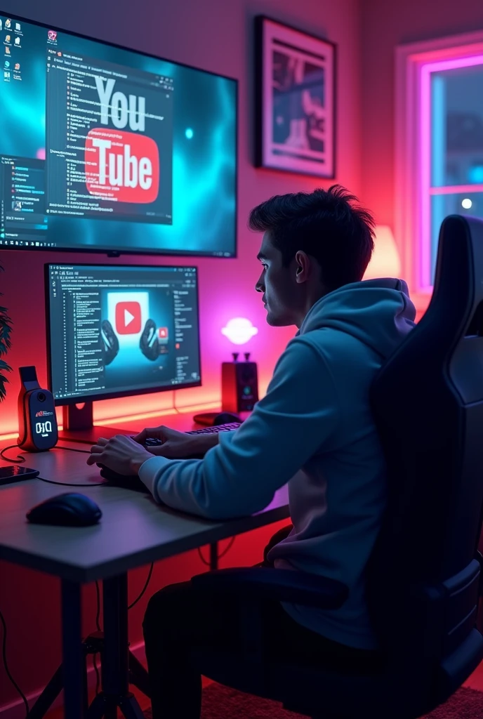 Human work from PC in side view and gaming room and pc screen open YouTube and background 'SUB COUNT' name logos and gaming setup RGB lights and image size 16 ratio 9 image clarity 4K HD