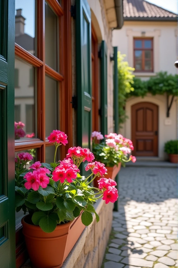 A photo of large and beautiful windows with geranium flowers in Europe. The windows have a traditional European style, with multiple panes and decorative elements. The geranium flowers are in pots and are placed on the windowsill. The background reveals a cobblestone street and a building with a wooden door.