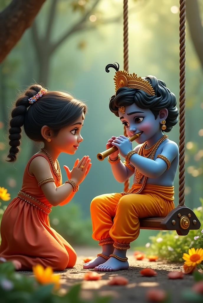 create a 3D realistic picture "A girl is worshiping Shree Krishna and Shree krishna is sitting on a swing and playing flute and "Neha" is written on the boy's t-shirts and the boy is worshiping and in the background "Happy Janmashtami" is written in bold font clearly, make sure everything should be correct
