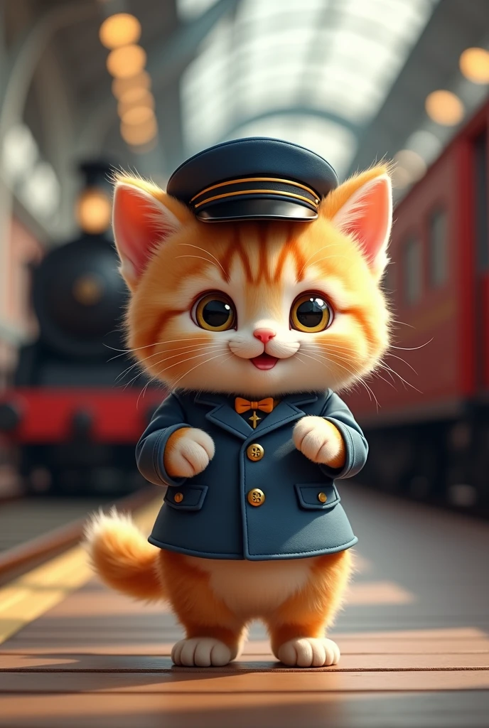 A small munchkin kitten standing facing forward with its front legs raised。Smiling。
Big eyes with a cute, human-like expression。Slightly larger head than body。limbs are short。
Train Conductor、Driver&#39;s attire。Glossy texture。
The background is the station、There is a train。


