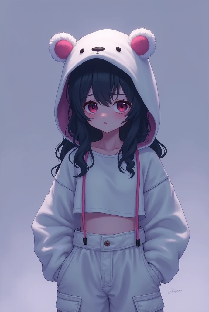 Create a character image with CNP style. The character has black wavy hair and is wearing a white bear hat with two strings and pink pompoms.. The cap has pink ears and the character is wearing a white crop top and white cargo pants.. The character's face should express sadness and tiredness. skin color is white. The background of the image should be a gradient in shades of purple and blue."