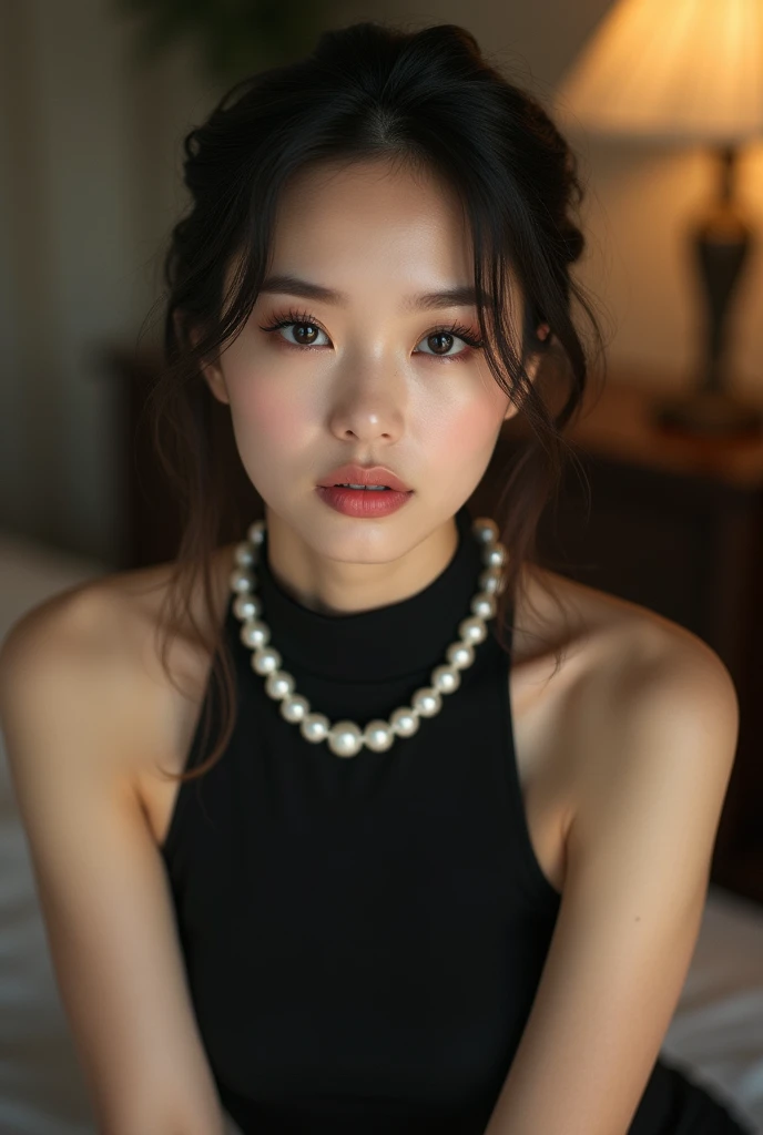 Photography,HD,Real People,1 Asian girl,The movements are natural and elegant,Slightly fat,1,White skin,Beautiful facial features,Exquisite makeup,Exquisite eyes,Eye details,Dark eyeshadow,Pearl Necklace,Black high collar sleeveless,Shoulder,arm,Soft light and shadows indoors,Rich details,a lamp,Kneeling