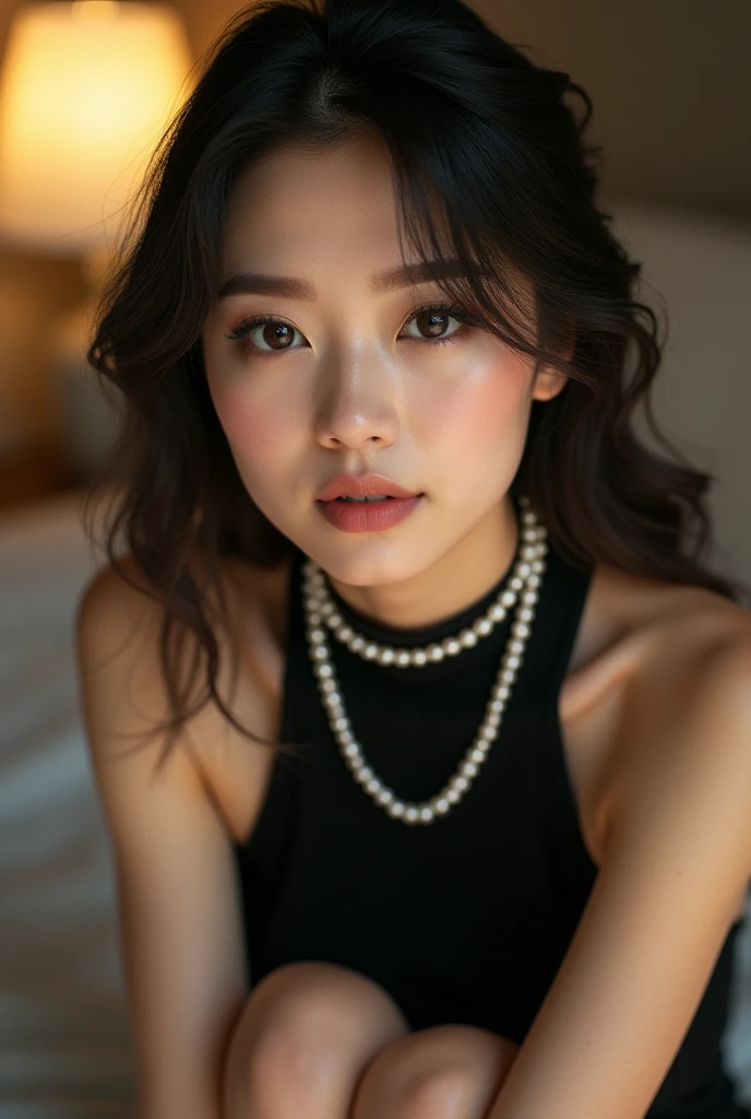 Photography,HD,Real People,1 Asian girl,The movements are natural and elegant,Slightly fat,1,White skin,Beautiful facial features,Exquisite makeup,Exquisite eyes,Eye details,Dark eyeshadow,Pearl Necklace,Black high collar sleeveless,Shoulder,arm,Soft light and shadows indoors,Rich details,a lamp,Kneeling