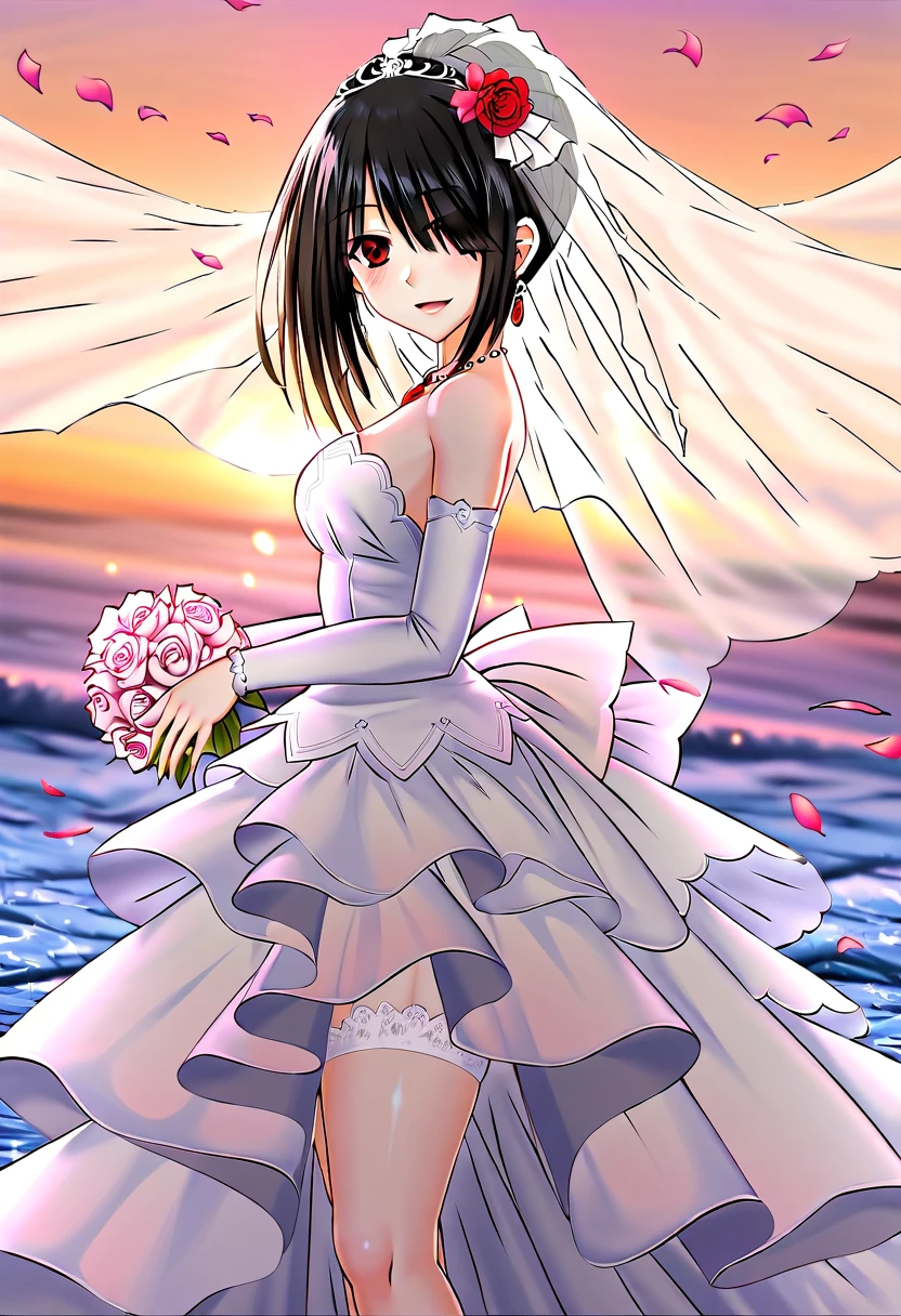 tokisaki kurumi,((masterpiece)),(((best quality))),((ultra-detailed)),((illustration)),((disheveled hair)),((frills)),(1 girl),(solo),1girl, bangs, blue sky, blush, bridal veil, cherry blossoms, cloud, cloudy sky, confetti, day, dress, earrings, eyebrows visible through hair, falling petals, flower, hair between eyes, hair ornament, high heels, jewelry, leaves in wind, looking at viewer, looking back, ocean, open mouth, outdoors, petals, petals on liquid, ponytail, rose petals, shoes removed, sidelocks, single shoe, sky, soles, solo, splashing, tiara, tree, underwear, veil, water, wedding dress, white dress, Rating:safe, foreshortening,