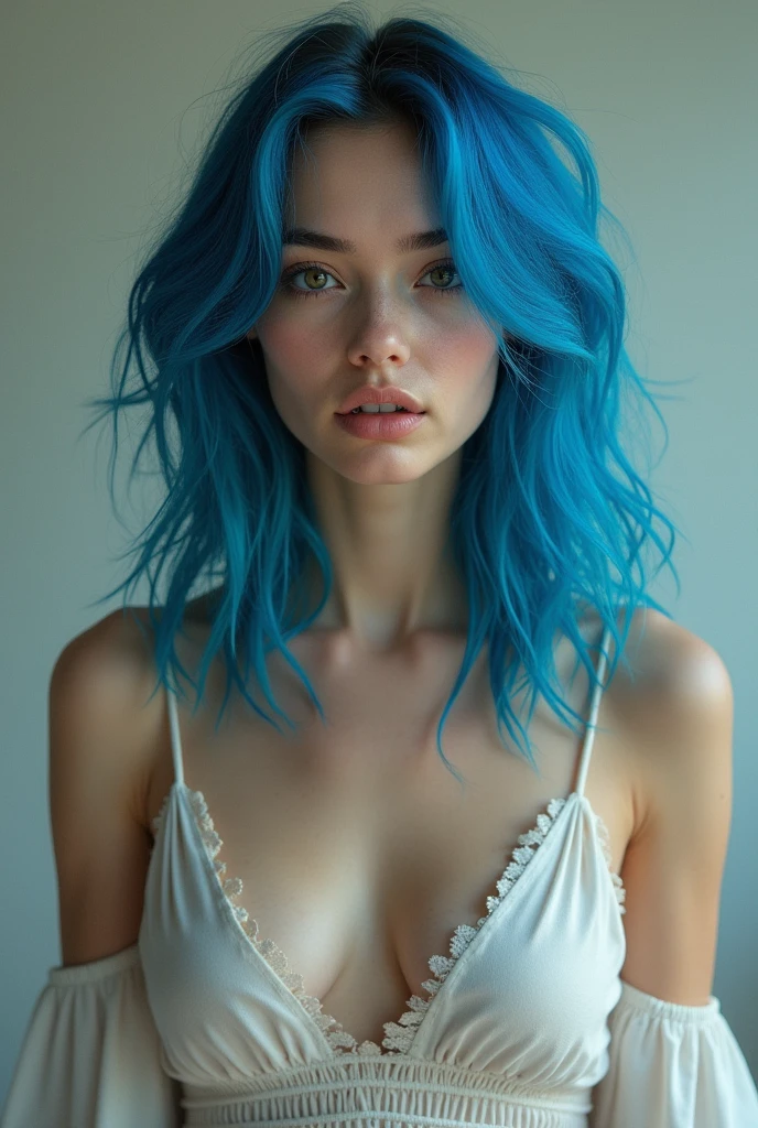 Instagram Photos, French woman, 21 years old, Long Hair,Blue hair, Close-up portrait, sweater, Neckline, pale, Sharp Shadow