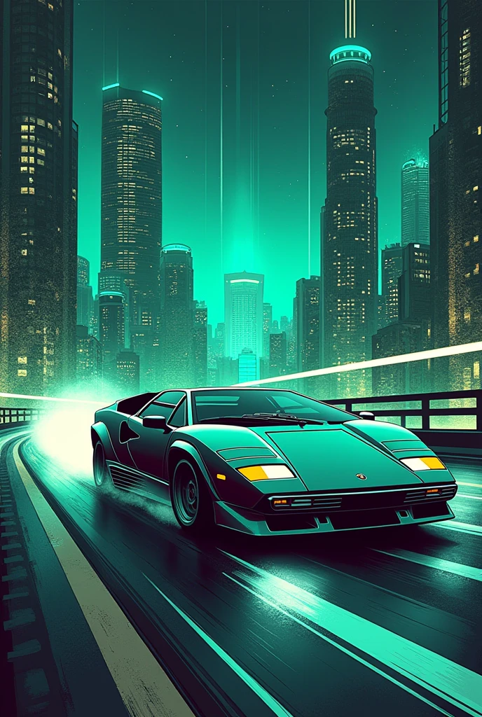 "A retro t-shirt design featuring a stylized 80s sports car driving into a futuristic cityscape. The design uses neon colors like Green and teal, with a grid background and a distressed texture."