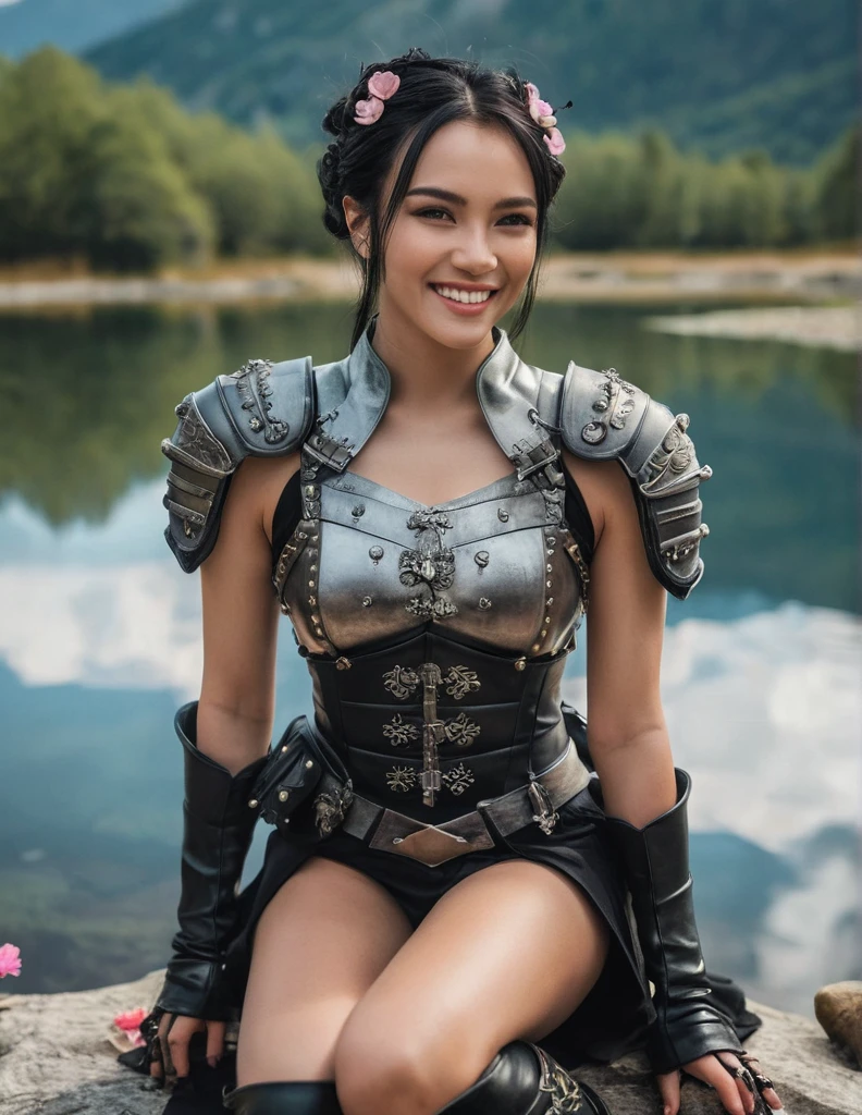 (medium shot, zoomed in upper body:1.3) (wuxia fantasy style:1.5) photo of a grinning, (perfect teeth:1.3) horny strong 5 european woman with short straight angled black hair with grey parts, brown eyes, (tiny breasts:1.3), toned ass, (perfect hands:1.3). She is wearing (leather armor and boots:1.1). She is sitting facing diagonal to camera, in a (gothic fantasy:1.3) lake with flowers and small mushrooms, evening, bright. detailed skin texture, detailed cloth texture, detailed face, (intricate sharp details:1.5), ultra high res