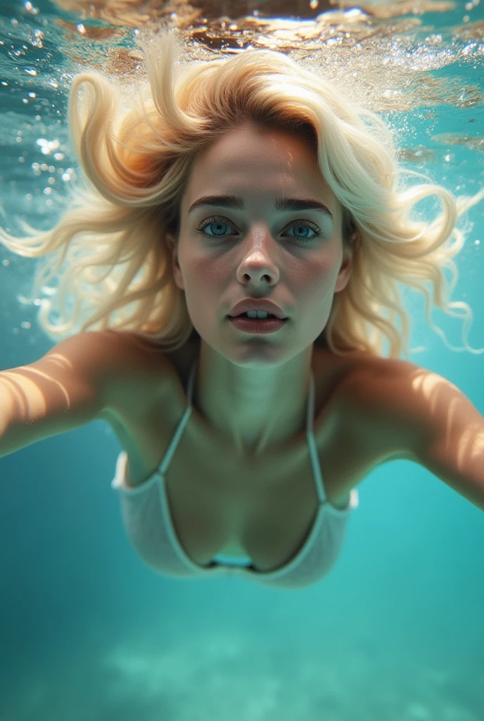 A beautiful fully naked young Khazakstan girl, small breasts, she is swimming to the viewer in water. underwater photo, slightly water bubbles. Detailed hair, detailed beautiful face, detailed beautiful blue eyes. overhead lighting from sunshine, open arms, 
The individual is adorned with a voluminous, flowing mane of hair, messy hair in a water, blending blond and white hues