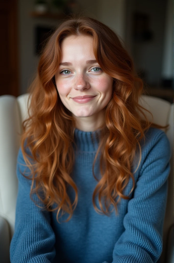 a woman in a blue sweater sitting in a chair, long wavy auburn hair, greta thunberg smiling, without makeup, vertical portrait, beautiful female white, journalist photo, canada, inspired by Henriett Seth F., woman looks like gilda radner, facing sideways