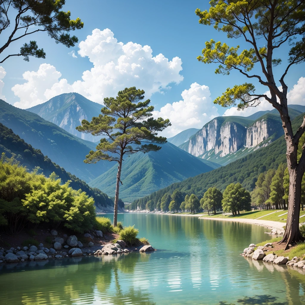 White background， landscape， 墨Water， Monte， Water， tree，by the lake