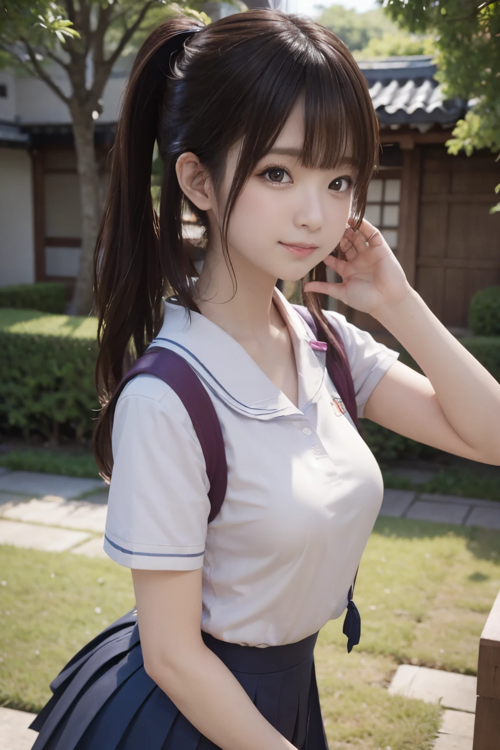 (Highest quality,masterpiece:1.3,Ultra-high resolution),(Very detailed、Caustics) (Realistic:1.4, RAW shooting、)Ultra-Realistic Capture、Very detailed、Natural skin texture、masterpiece、(Bloomers)、(Japanese elementary school students wearing traditional sportswear)、(White tight short sleeve shirt、Dark blue short tight shorts:1.3)、Adorable expression、Expressions of happiness、10 years old、height: 140cm、Baby Face、Pure、Amazingly cute、Twin tail hairstyle、Curly Hair、Black Hair、Large Breasts、Shining thighs、Shining ass、Shooting on the main street of a tourist spot、Summer early morning、Background details、smile、An inviting gaze、(Anatomically correct)、Cowboy Shot、Attention to detail、