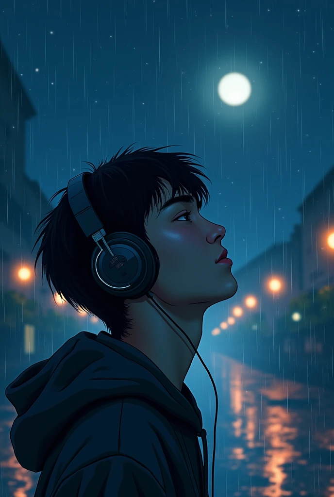 A moon and stars night.a 20 year boy listening songs in had phones. And rain falling