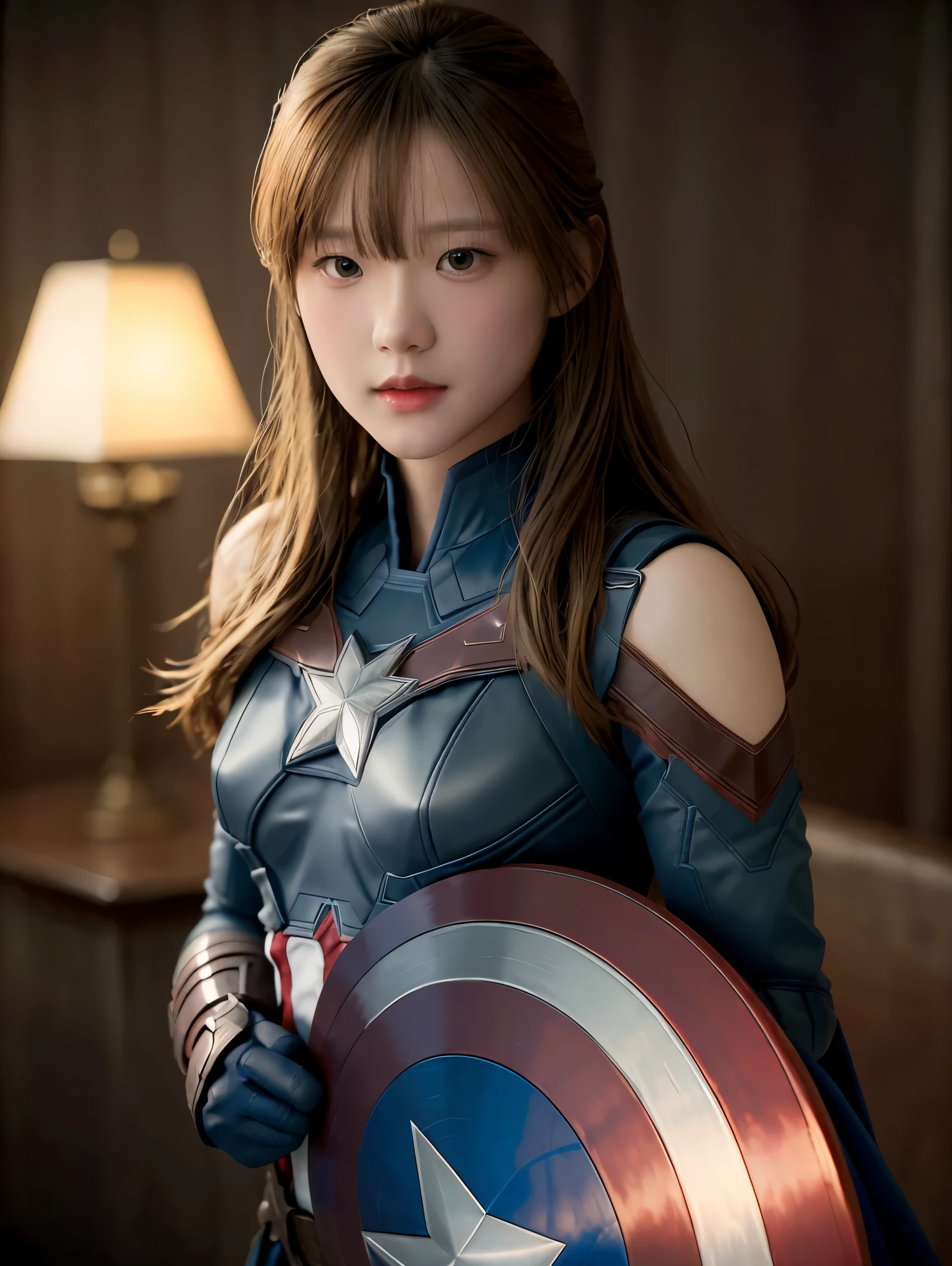1 girl is captain america 8k, high definition, ใบหน้าที่มีdetails, ใบหน้าที่มีdetails, ดวงตาที่มีdetails, ชุดdetails, In the style of Marvel and DC, Too realistic, + movie shot + dynamic elements, detailsอย่างไม่น่าเชื่อ, sharpen, details + superb details + Evening with light + perfection + Award-winning realism ((mood light))