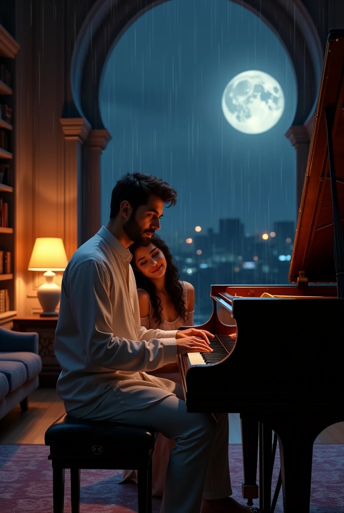 Big living room with large book shelves, cozy with sofas and center table, warm dark lighting, heavily raining outside with full moon filling the room, very dark night time, beautiful window, man with very light stubble, long nose, wearing well fitted kurta and tight pajama and durre najaf ring on ring fingerof right hand, playing an upright piano, women  sitting at side smiling with her head leaned on his shoulder face not visible, 1:1
