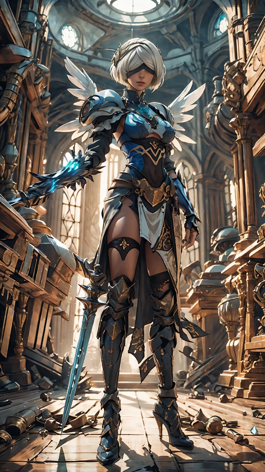 Make a 'kitbash' of Lenneth from 'Valkyrie profile' and 2B from 'Nier: Automata', combine 2B and Lenneth, solo, 1girl, BREAK: ((bright sapphire blue mech4rmor)), (boob window:1.37), thigh cutout, long skirt, (blindfold:1.27), wings, BREAK: standing contrapposto, (holding glowing sword), light smile, BREAK: plains, ruined castle, BREAK: (better hands, best hands,) (insanely detailed, masterpiece, best quality),