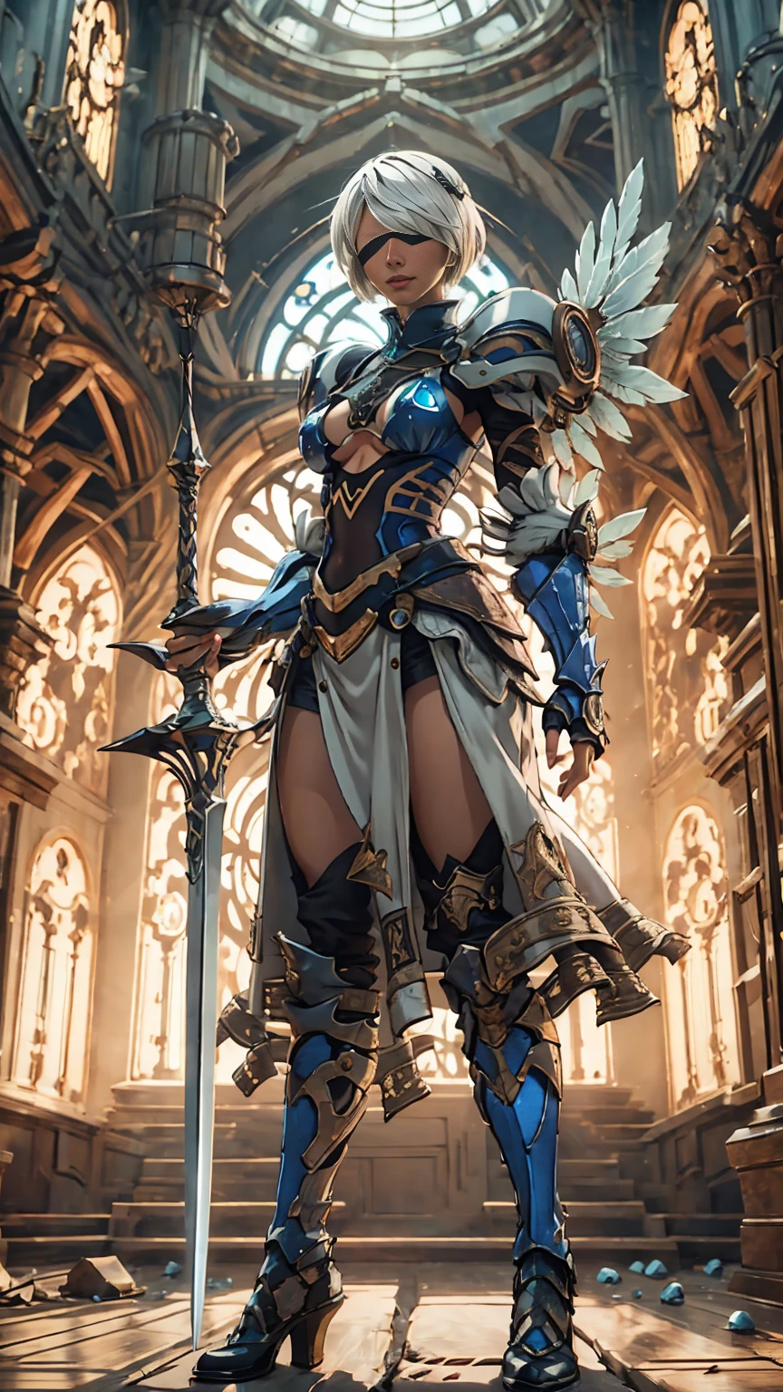 Make a 'kitbash' of Lenneth from 'Valkyrie profile' and 2B from 'Nier: Automata', combine 2B and Lenneth, solo, 1girl, BREAK: ((bright sapphire blue mech4rmor)), (boob window:1.37), thigh cutout, long skirt, (blindfold:1.27), wings, BREAK: standing contrapposto, (holding glowing sword), light smile, BREAK: plains, ruined castle, BREAK: (better hands, best hands,) (insanely detailed, masterpiece, best quality), 