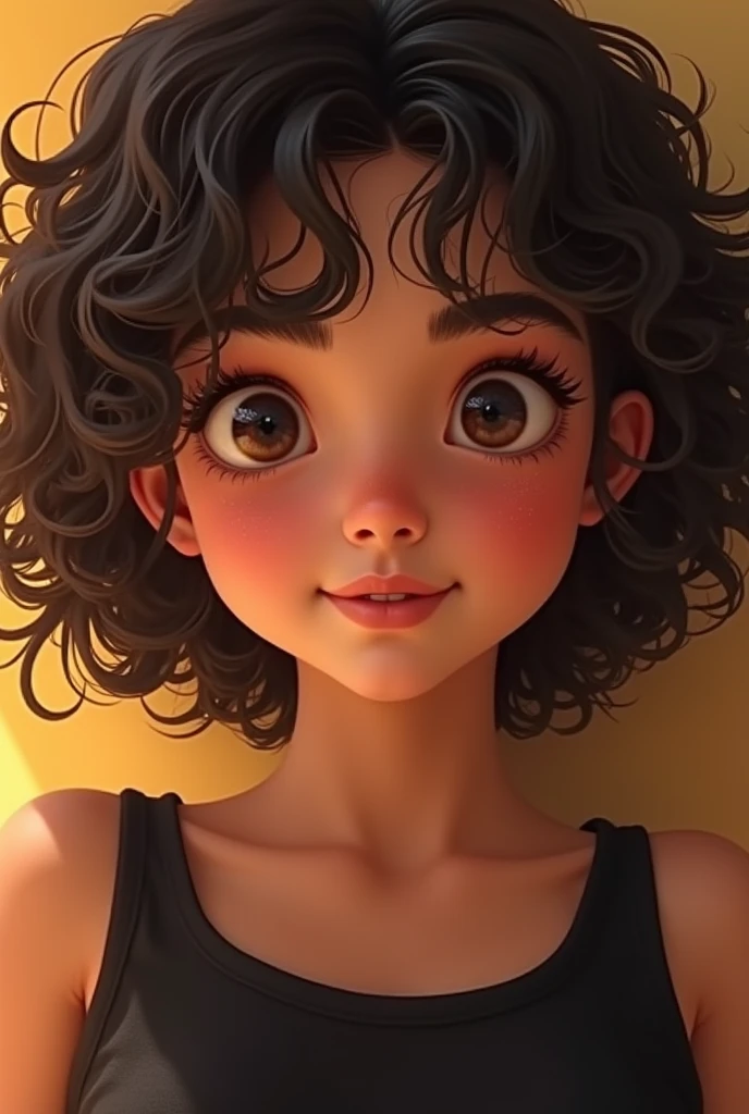 Mexican features young adult chubby and curly short hair dark brown round eyes round face no glasses round and big brown eyes with dimple on both the cheeks and small nose . Fair in color is wearing black and has extra fat arms and has big round lips and is wearing minimum makeup