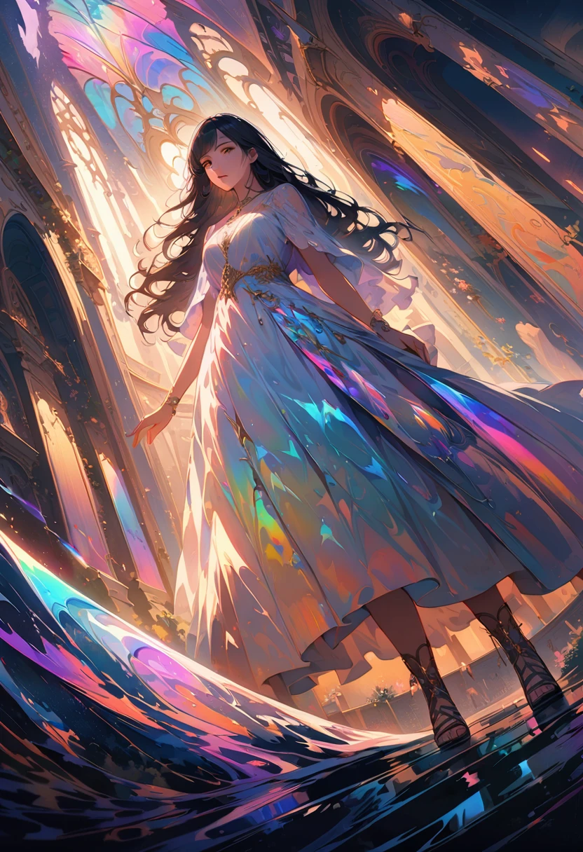 20 years old, with long black hair down to her waist, golden eyes. She wears jewelry and dresses in an antique style, donning a long white dress with golden details. She wears elegant gladiator sandals. She possesses golden powers and has a golden-themed background. Whole body, (ultra realistic), {Extremely detailed CG unit 8k wallpaper}, expansive landscape photography, (A view from below that shows the greatness of the character, wide open field view), (low angle shot), (light: 2.0), (warm light source: 1.5), Complex details, (Iridescent colors: 1.5), (bright lighting), (atmospheric lighting), surreal, Awesome, fancy, (Alone: 1.2)