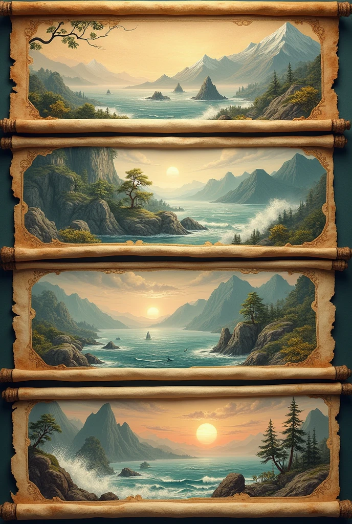  A series of exquisite ancient scrolls are displayed one by one，Depicting various mysterious mountains, rivers and ocean scenes