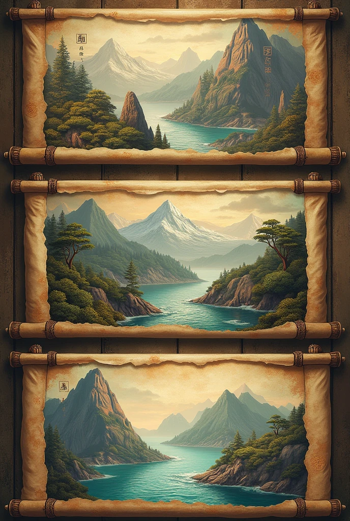 A series of exquisite ancient scrolls are displayed one by one,Depicting various mysterious mountains, rivers and ocean scenes