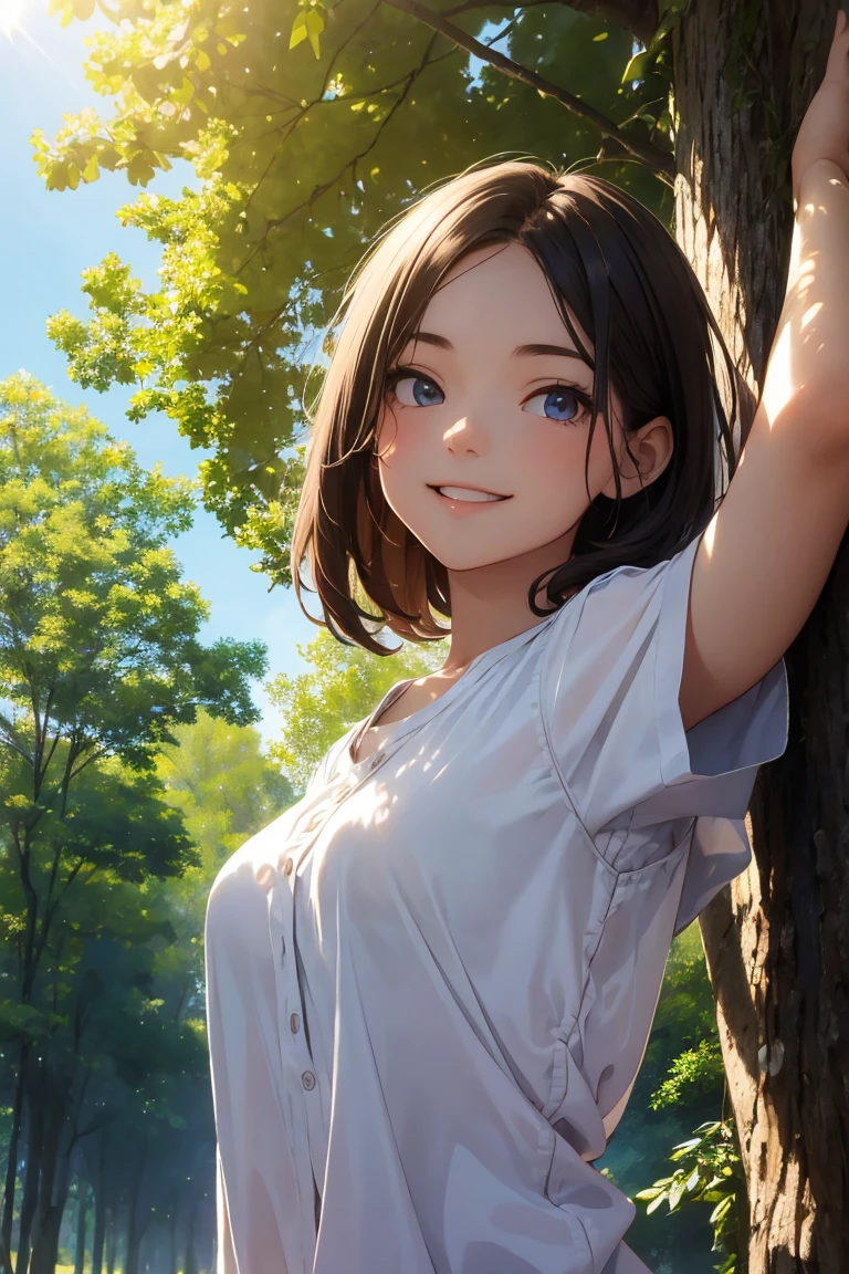 Masterpiece, top quality, high definition, artistic composition, 1 girl, upper body, composition from below, smiling, cotton shirt, looking at me, blue sky, sunlight through trees, casual, portrait, warm, reaching out