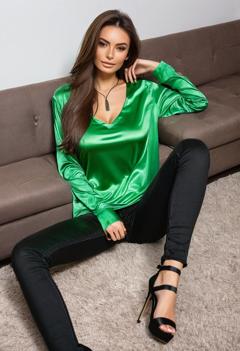 young brunette woman, brown eyes. long brown hair. Long V-neck T-shirt made of shiny green satin and long black jeansNecklace, transparent lip gloss, narrow building, Pretty, 2, Full body photo, long legs, Satin top, Lying on the couch in the living room. Playing with the shirt, Presenting legs, is enthusiastic, Beautiful sporty shoes,