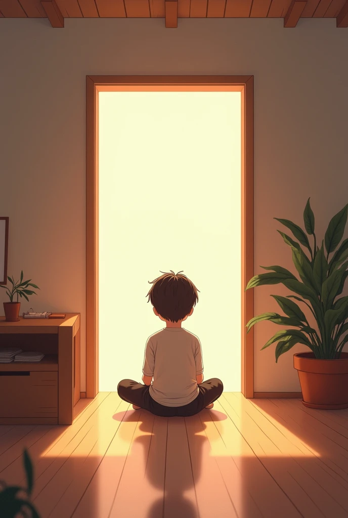 An image that has a room with soft light with little decoration and towards a big boy sitting the room is like a room