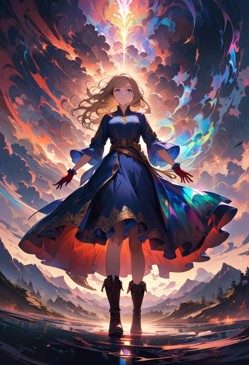 20-year-old girl, long blonde hair, blue eyes, angry expression, long dark blue skirt with gold embroidery at the hem, old-fashioned blue blouse with long fitted sleeves, adorned with red details, red leather gloves that reach her elbows, dark brown leather boots that reach mid-calf, leather belt adorned with a golden buckle and red details, her weapon is a huge greatsword with a gold and red decorated handle, hanging on her back in an ornate sheath, 8k, high quality, full body, (ultra-realistic), {extremely detailed 8k CG unit wallpaper}, expansive landscape photograph, (a view from below showing the grandeur of the character, wide open field view), (light: 2.0), (warm light source: 1.5), complex details, (iridescent colors: 1.5), (bright lighting), (atmospheric lighting), surreal, impressive, fantasy, (Solo: 1.2)