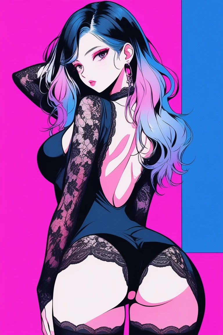 Illustrator, anime , Realistic ,sketch , 1 person, model, Age 27, lip, Sheer black lingerie, Adorned with a rich lace., order, Blue and pink gradient background, Neon Hair, Big Breasts, look back, (On all fours in bed), Sexy look, Texture Trim, Russia, (masterpiece,Highest quality)