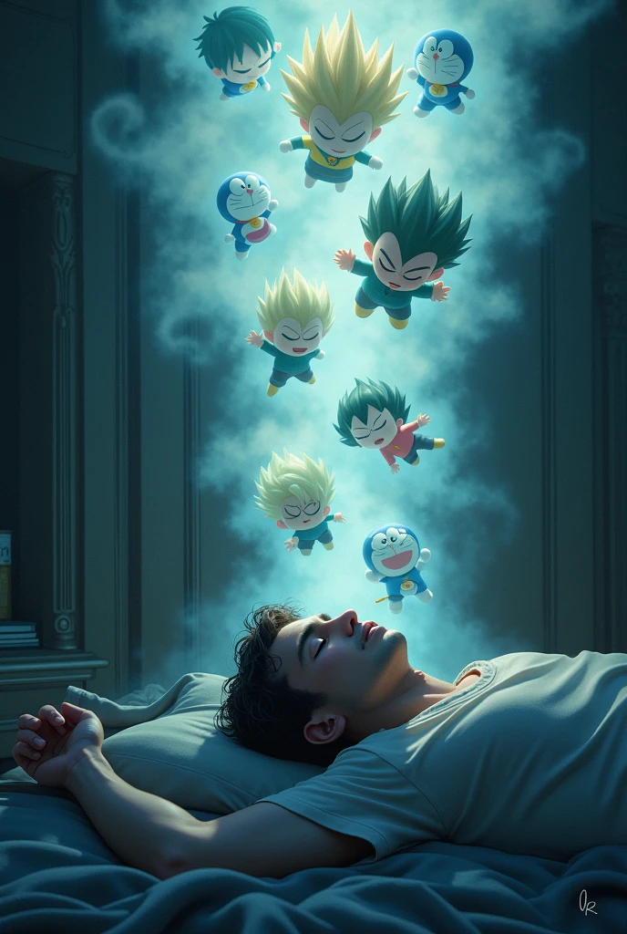 A tired man lying in a dark room，With eyes closed，Immersed in his fantasy world, There was a bright mist hanging over his head，Many cute Kakarots in the mist，Many Q-version Arale in the mist，Many Q-versions of God of War Kratos in the fog，Many Q-version Doraemons in the fog，Many cute Sakuragi Hanamichi in the fog，Many Q-versions of Yusuke Urameshi in the fog，Many Q-version hunters Hisoka in the fog，Many cute versions of Vegeta in the mist，Many Q-version Lucky Star Ram in the fog