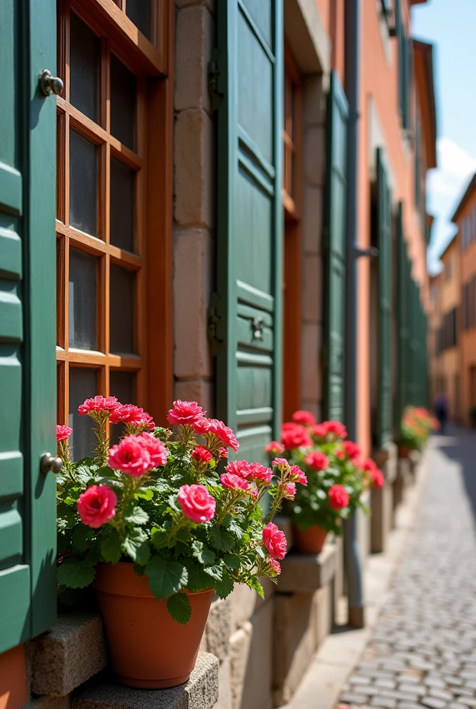 A photo of large and beautiful windows with geranium flowers in Europe. The windows have a traditional European style, with multiple panes and decorative elements. The geranium flowers are in pots and are placed on the windowsill. The background reveals a cobblestone street and a building with a wooden door.