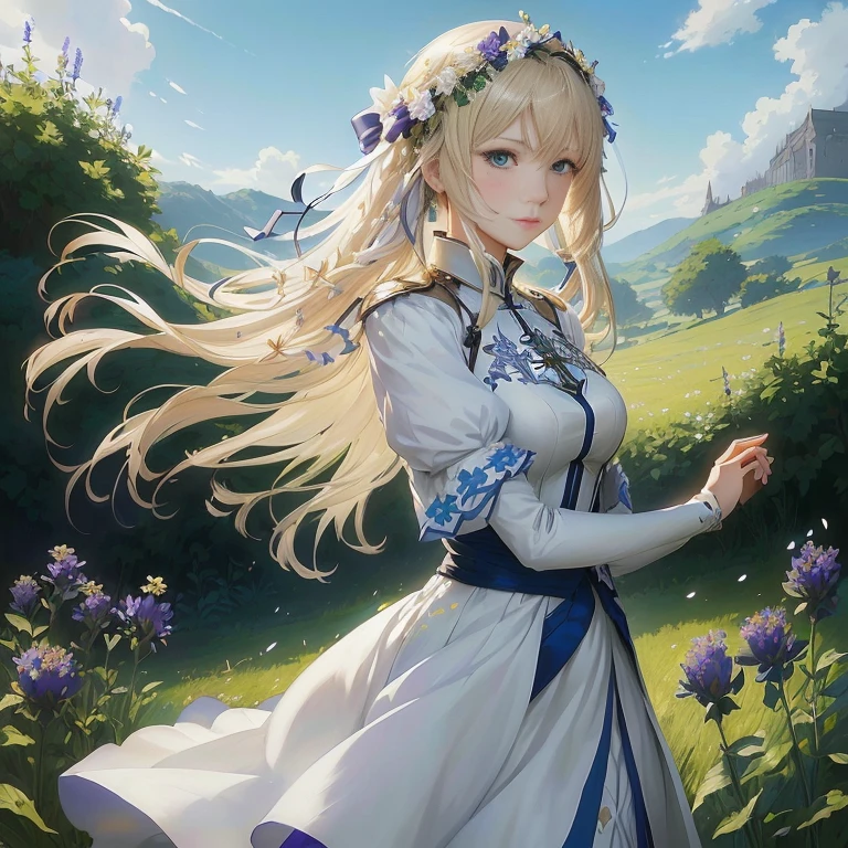 anime girl in a white dress standing in a field of flowers, violet evergarden, cushart krenz key art feminine, artoria pendragon, detailed digital anime art, blonde anime girl with long hair, in dress, detailed key anime art, beautiful anime portrait, epic light novel art cover, rin, zerochan art, advanced digital anime art