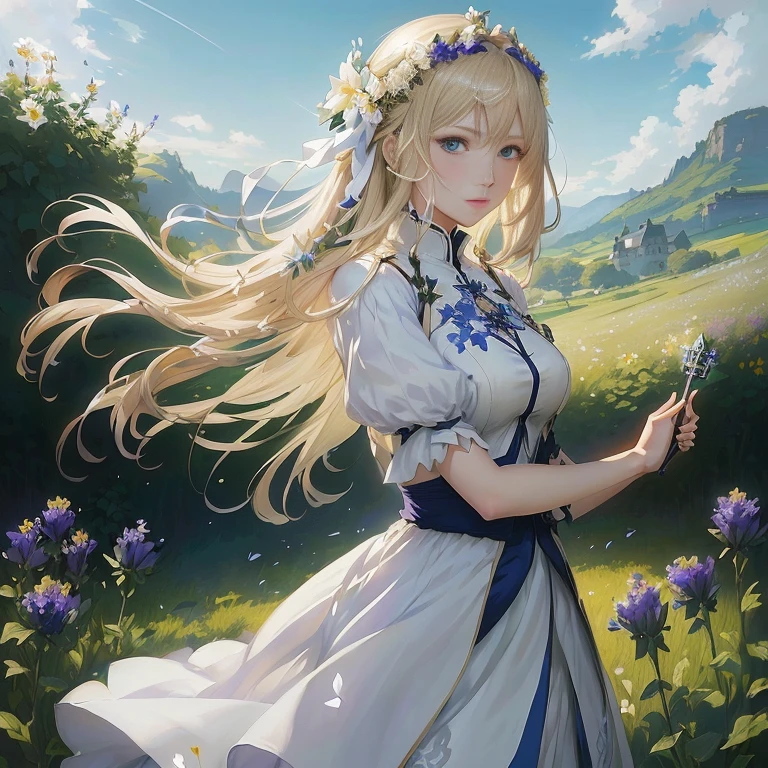 anime girl in a white dress standing in a field of flowers, violet evergarden, cushart krenz key art feminine, artoria pendragon, detailed digital anime art, blonde anime girl with long hair,  in dress, detailed key anime art, beautiful anime portrait, epic light novel art cover, rin, zerochan art, advanced digital anime art