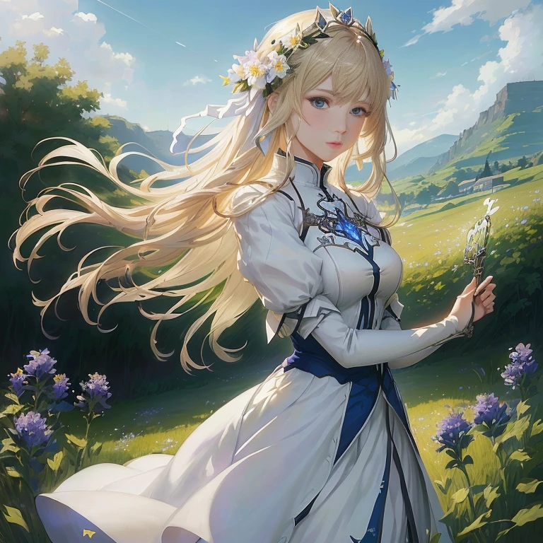 anime girl in a white dress standing in a field of flowers, violet evergarden, cushart krenz key art feminine, artoria pendragon, detailed digital anime art, blonde anime girl with long hair,  in dress, detailed key anime art, beautiful anime portrait, epic light novel art cover, rin, zerochan art, advanced digital anime art