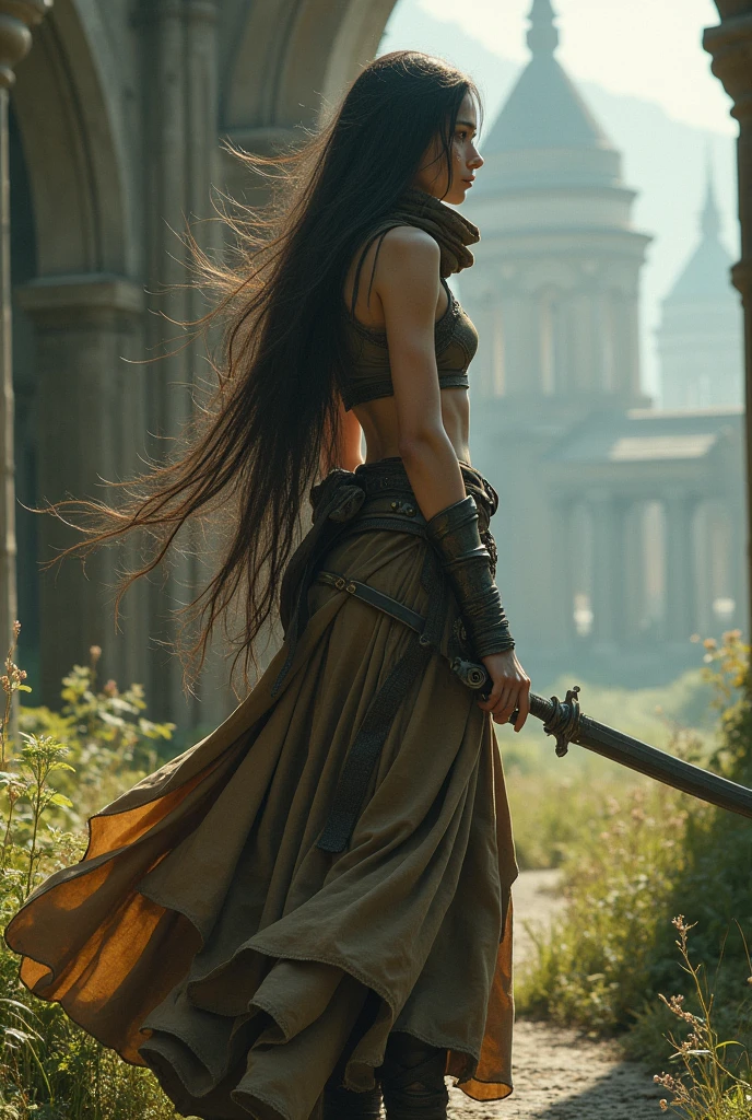 highly detailed, intricate, masterwork, random view angle, skinny female warrior, confidence, lost in thoughts, medieval fantasy futuristic mixed setting, extremely long voluminous hair, long scarf, crop tank, low-rise maxi skirts, very strong directional wind, old abandoned overgrown ruins