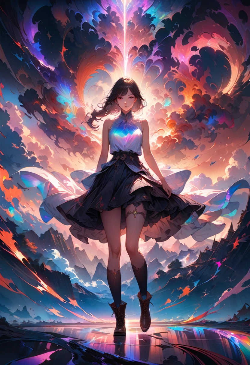 20 years old, long red hair, wears a ponytail, red eyes, always smiling. She dresses in an antique style, wearing a short brown skirt with black shorts underneath, ending above the knees. She wears knee-high brown boots. Her white blouse is sleeveless and features red details. She possesses fire powers and has a fire-themed background. 8k, high quality, full body, (ultra-realistic), {extremely detailed 8k CG unit wallpaper}, expansive landscape photograph, , (light: 2.0), (warm light source: 1.5), complex details, (iridescent colors: 1.5), (bright lighting), (atmospheric lighting), surreal, impressive, fantasy, (Solo: 1.2)