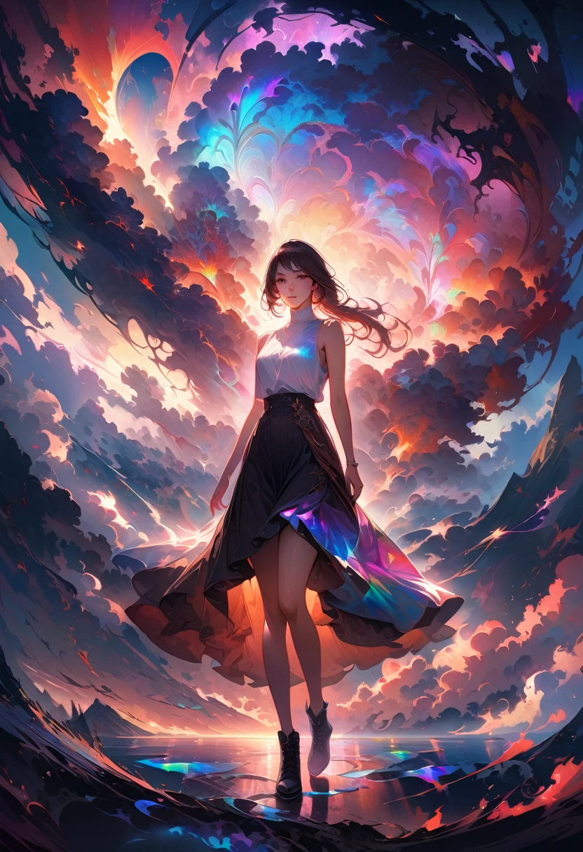 20 years old, long red hair, wears a ponytail, red eyes, always smiling. She dresses in an antique style, wearing a short brown skirt with black shorts underneath, ending above the knees. She wears knee-high brown boots. Her white blouse is sleeveless and features red details. She possesses fire powers and has a fire-themed background. 8k, high quality, full body, (ultra-realistic), {extremely detailed 8k CG unit wallpaper}, expansive landscape photograph, , (light: 2.0), (warm light source: 1.5), complex details, (iridescent colors: 1.5), (bright lighting), (atmospheric lighting), surreal, impressive, fantasy, (Solo: 1.2)