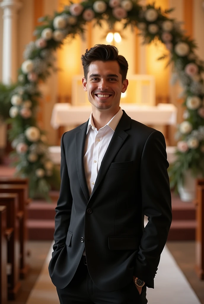 A young man with dark hair and a confident smile. He is dressed in a black blazer over a white shirt. In wedding ceremony